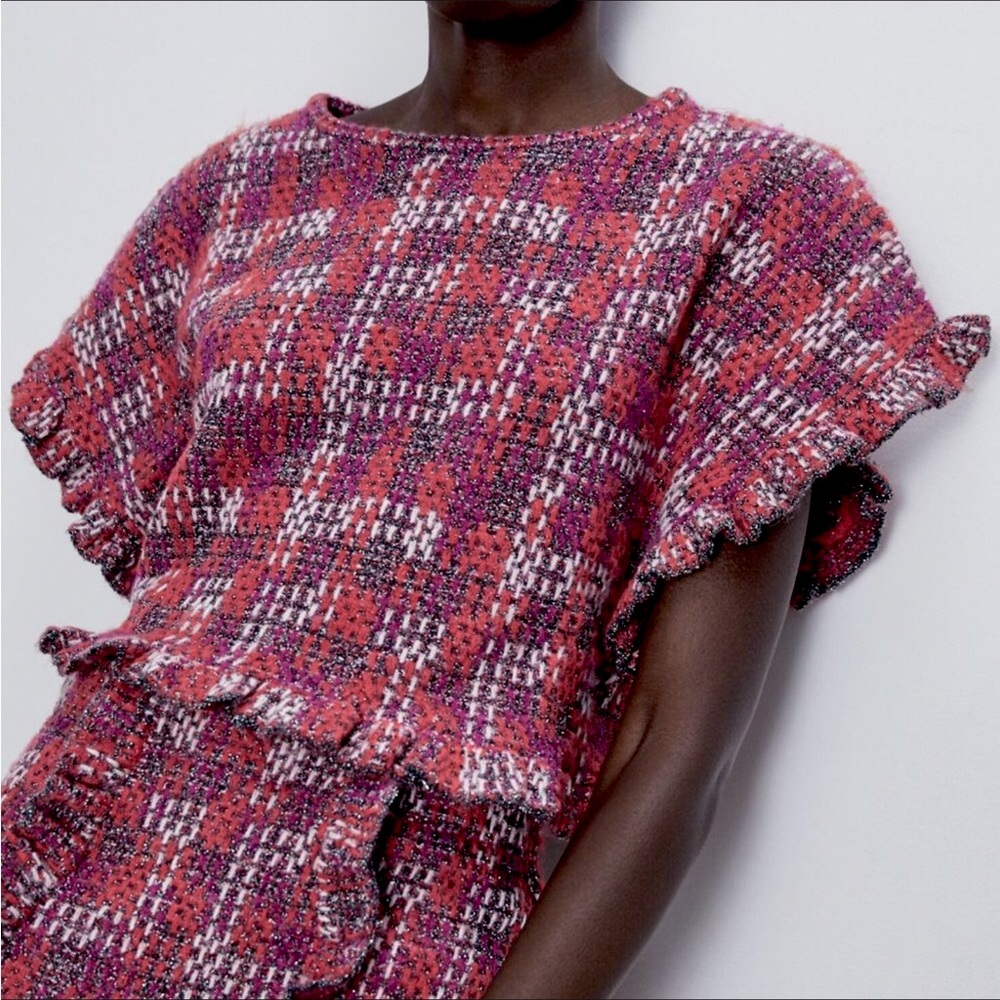 Zara Tweed Metallic Thread Ruffled Knit Top